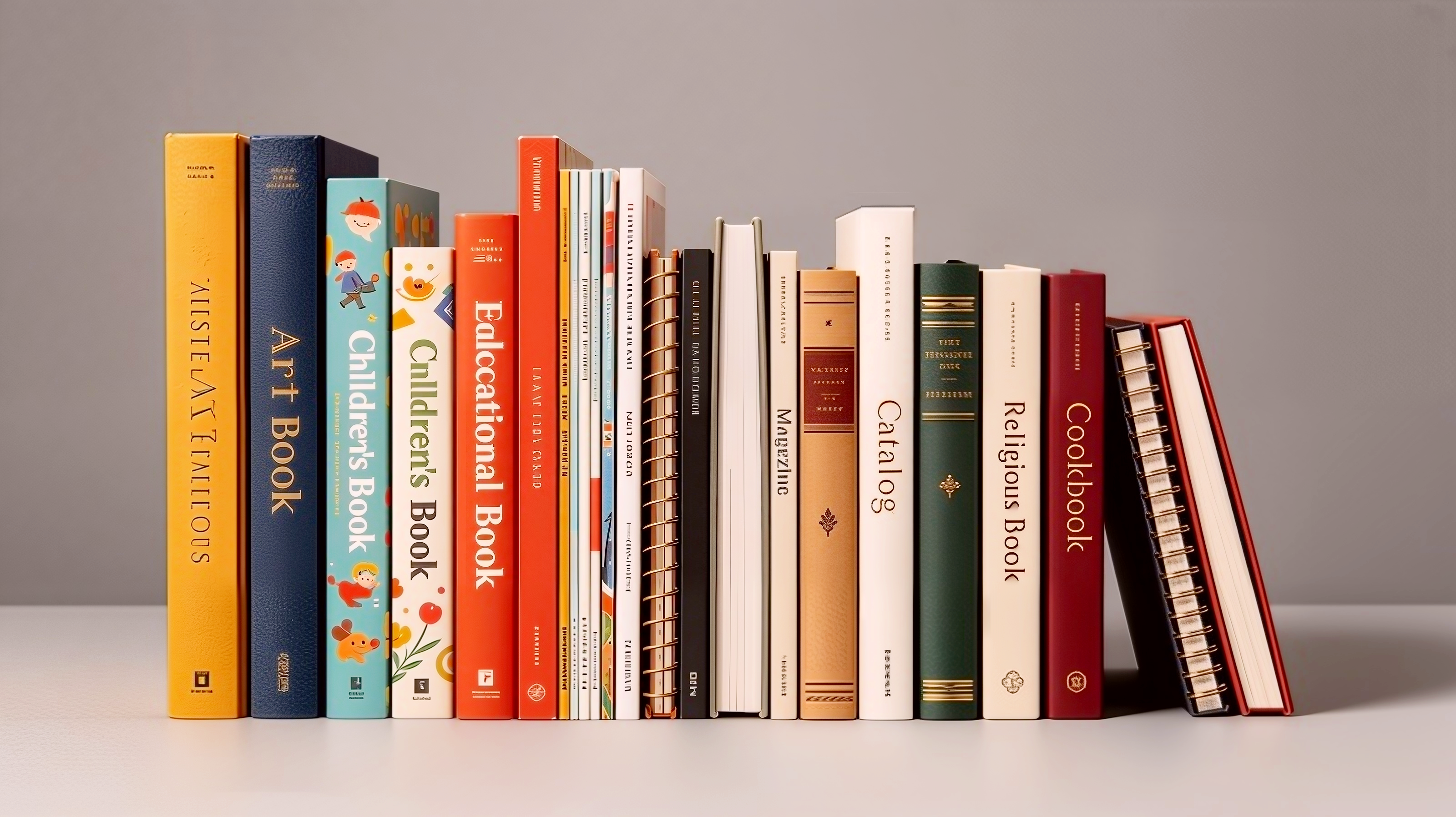 Custom printed books and catalogs displayed upright