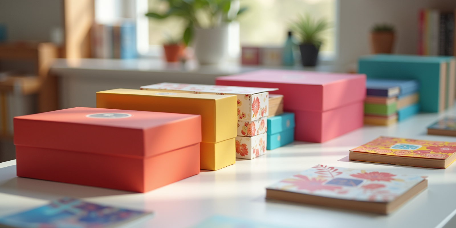 Custom printed paper gift boxes on a studio table