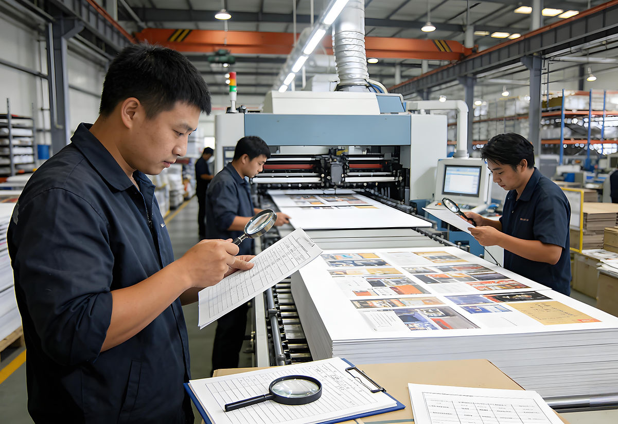 Printing factory staff inspecting printed sheets