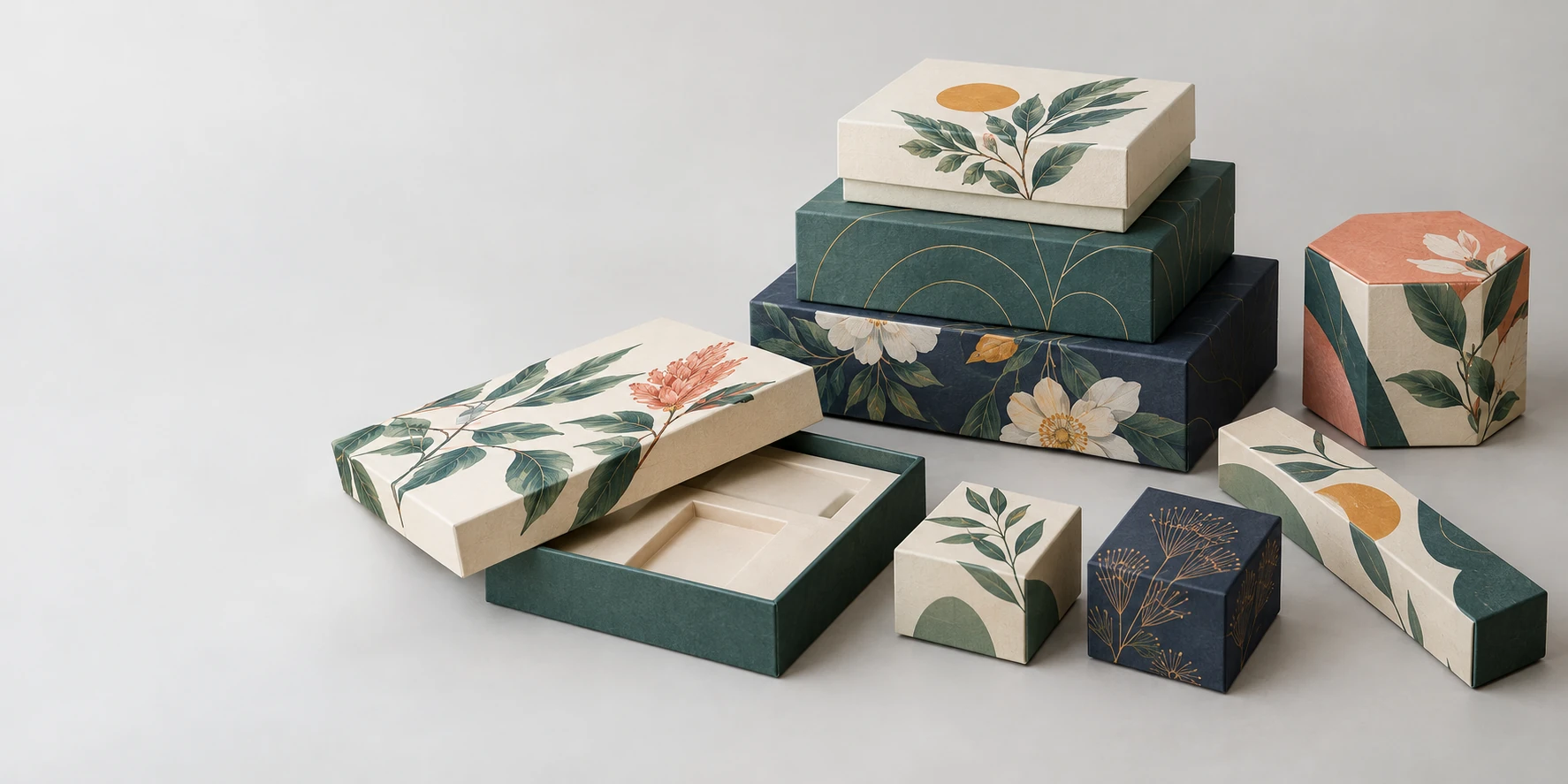 Custom printed paper gift boxes on a studio table