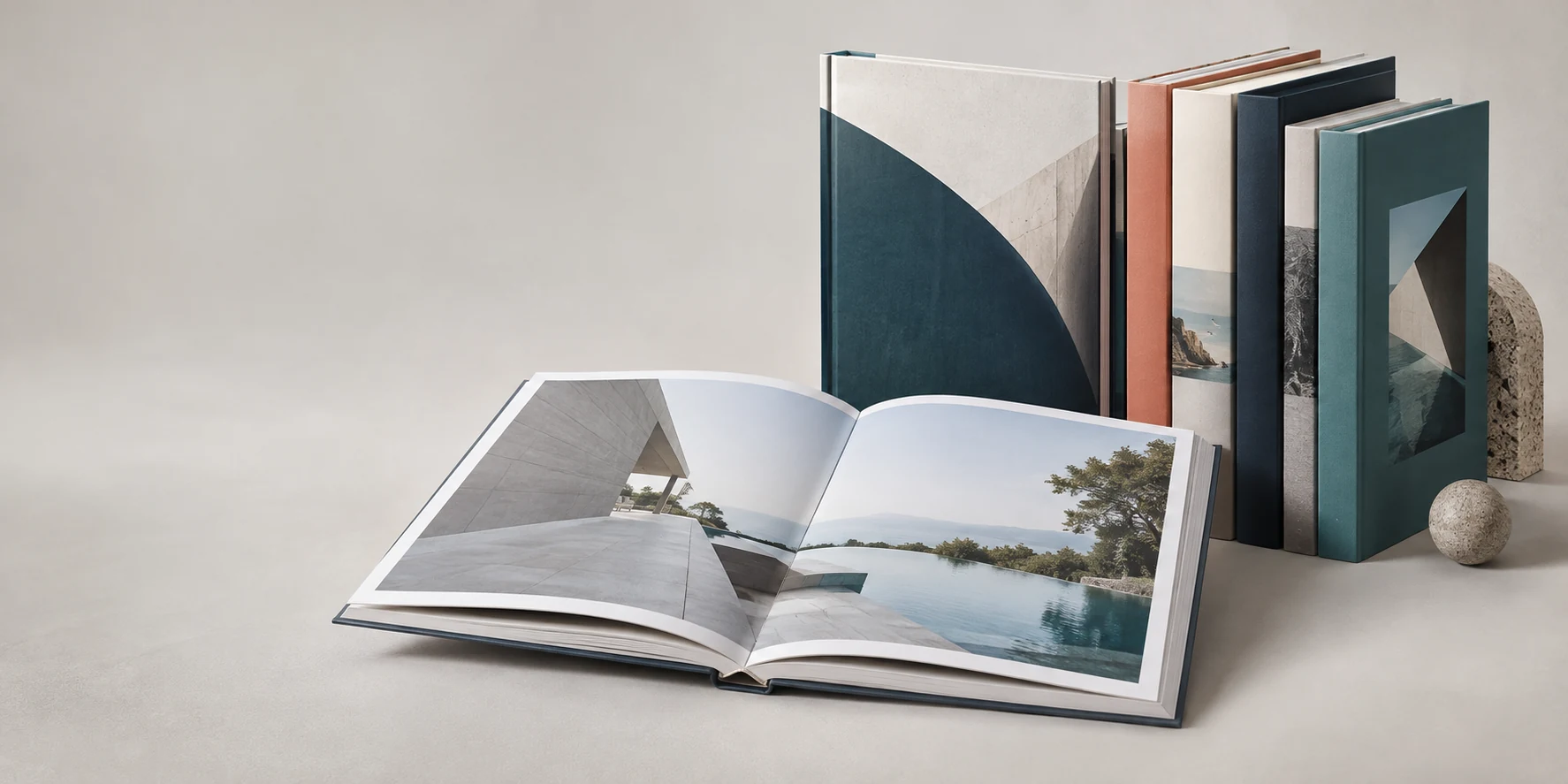 Custom printed books and catalogs displayed upright