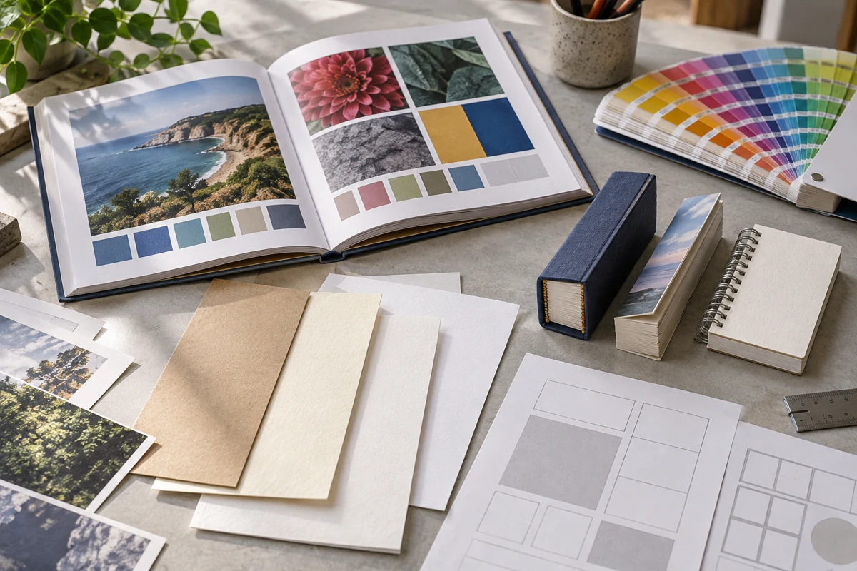 Printing knowledge research desk with paper stocks, color samples and binding specimens