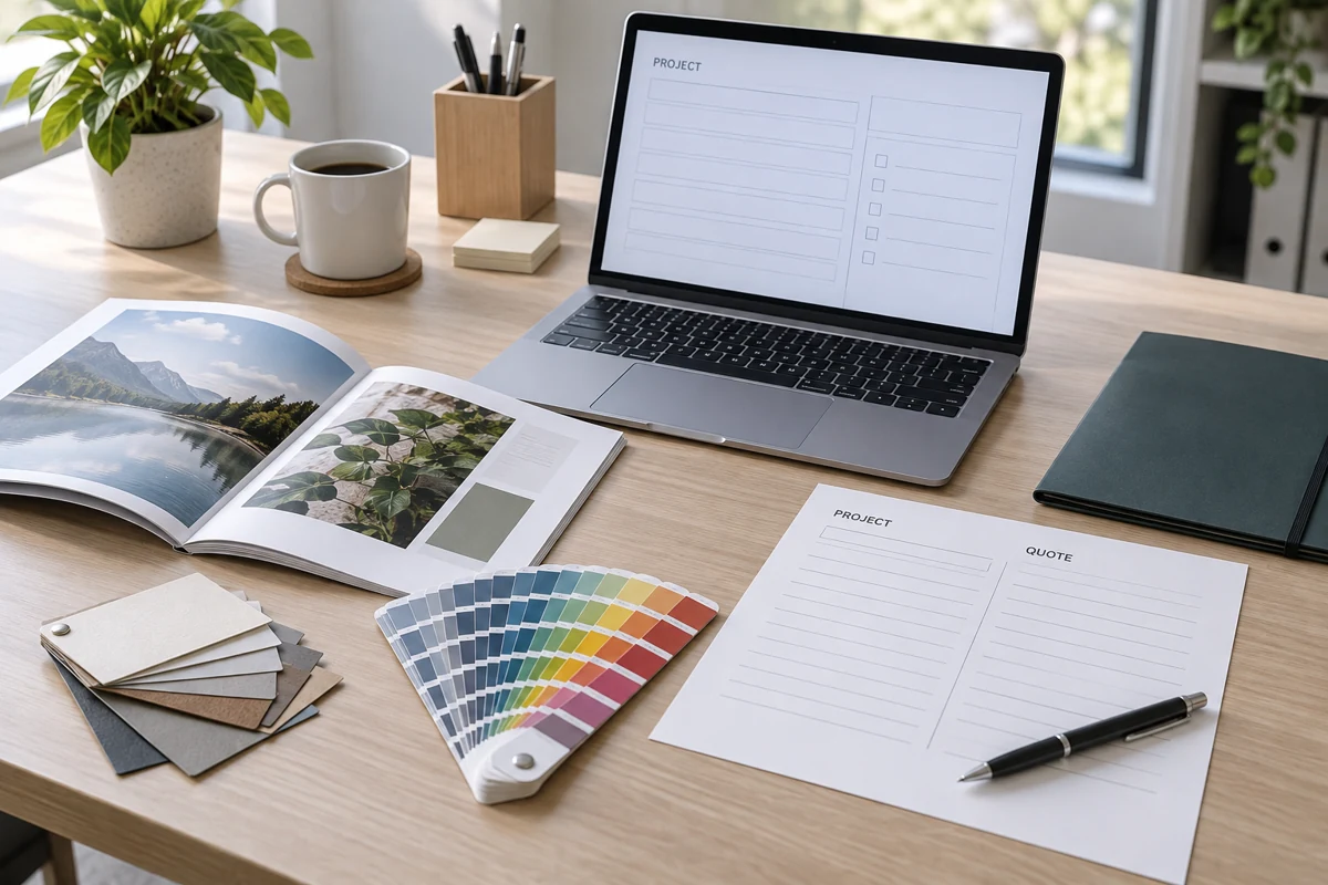 Printing project inquiry desk with laptop, sample booklet, paper swatches, color samples and quotation documents