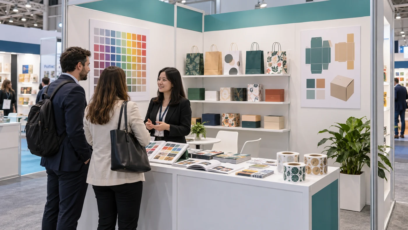 Generic printing exhibition booth displaying books, packaging, paper bags and label samples — industry illustration