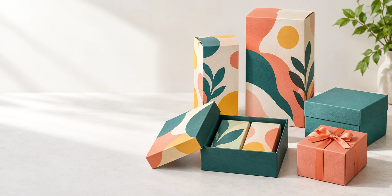 Custom printed folding cartons, tea packaging and ribbon gift boxes