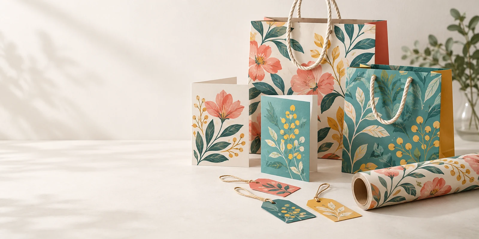 Printed paper gift bags, greeting cards, gift tags and wrapping paper