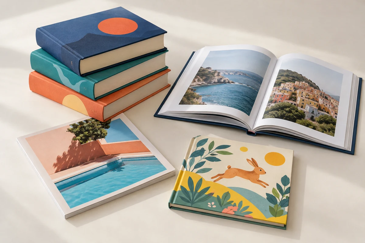Hardcover and softcover books with photographic and illustrated printed pages