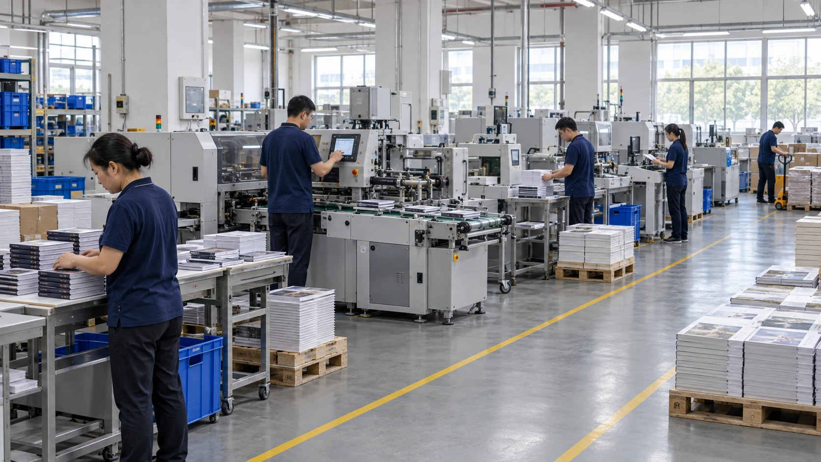 AI industry illustration of book production teams and finishing equipment