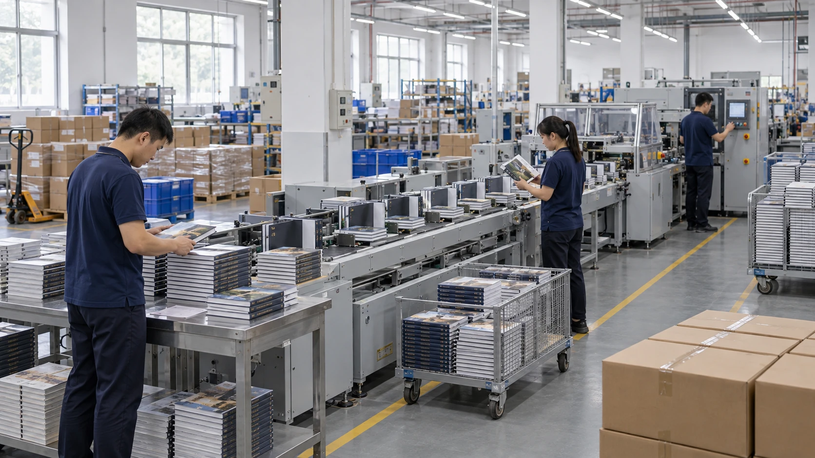 AI industry illustration of a book finishing and packing line